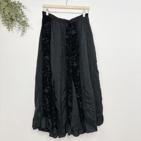 EAST Velvet Paneled Maxi Skirt Silk Blend Black Size 12 Lace Trim - Picture 1 of 6